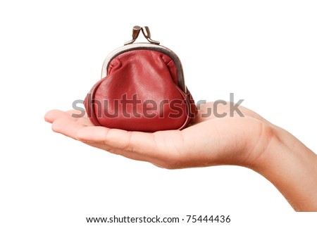 Hand holding retro styled money pouch, isolated on white background