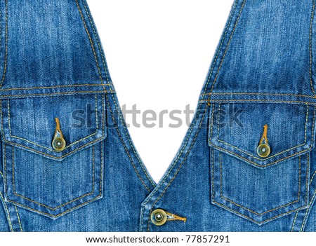 Closeup of jeans vest with pockets on chest, isolated on white background