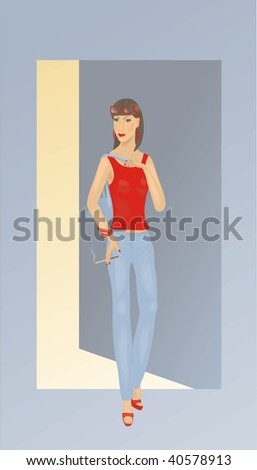 Illustration of a woman with a cigarette. She is dressed in a red shirt and blue jeans.
