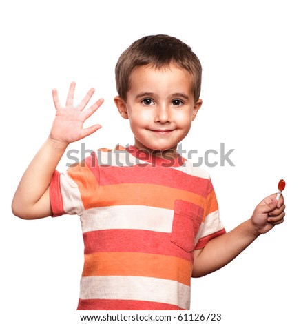 Little boy shows open palm, isolated on white