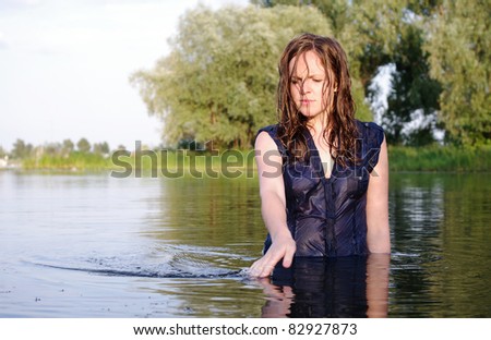 Weird clothed bather redhead pensive woman