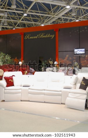 MOSCOW-NOVEMBER 25: Stand upholstered furniture Belgian brand of orthopedic Record Bedding at the International Furniture Exhibition 2011 November 25, 2011 in Moscow
