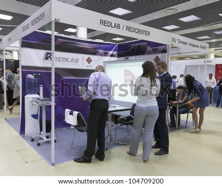 MOSCOW-JUNE 5:The Russian company REDLAB provides comprehensive services in the field of Information Technology at the international exhibition MODERN EDUCATION on June 5, 2012 in Moscow