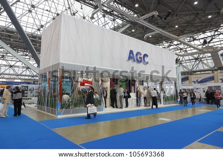 MOSCOW-JUNE 15:Stand Belgian company AGC to produce float glass for construction and automotive industries at the International Exhibition MIR STEKLA\'2012 on June 15, 2012 in Moscow
