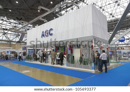 MOSCOW-JUNE 15:Stand Belgian company AGC to produce float glass for construction and automotive industries at the International Exhibition MIR STEKLA\'2012 on June 15, 2012 in Moscow