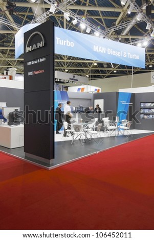 MOSCOW-JUNE 25:Stand the German company MAN Diesel&Turbo producing large diesel engines for ships and power plants at the international exhibition NEFTEGAZ-2012 on June 25, 2012 in Moscow