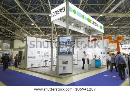 MOSCOW-JUNE 15:Stand German company Phoenix Contact producing equipment for electrical connections at the international exhibition ELEKTRO\'2012 on June 15, 2012 in Moscow