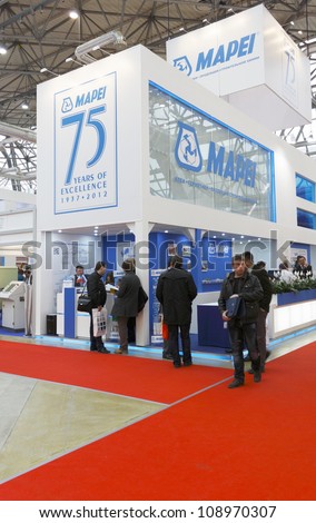 MOSCOW-APRIL 11:Stand Italian companies for the production of MAPEI construction chemicals at the international exhibition Mosbuild 2012  on April 11, 2012 in Moscow
