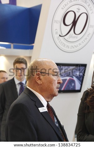 MOSCOW-MAY 16:Igor Sikorsky\'s son Sergei congratulate the 90th anniversary of the company at the International exhibition  Helicopter Industry on May 16, 2013 in Moscow