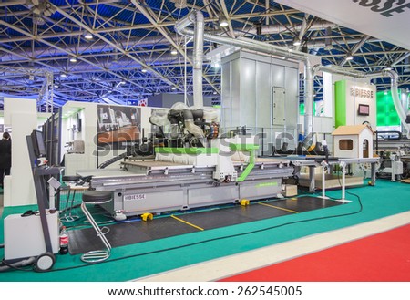 MOSCOW, RUSSIA - OCTOBER 24, 2012: Woodworking equipment of the Italian company Biesse at the International exhibition LESDREVMASH