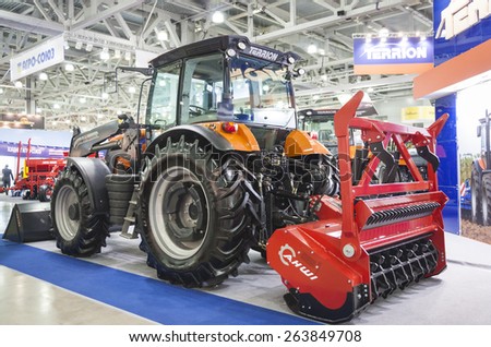 MOSCOW, RUSSIA - OCTOBER 11, 2012: Tractor brand TERRION Russian company Agrotechmash at the international exhibition AGROSALON