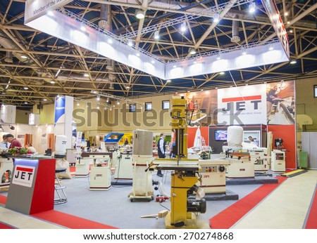 MOSCOW - OCTOBER 24, 2012: Woodworking machinery of the Swiss company JET at the International exhibition LESDREVMASH