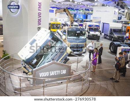 MOSCOW-SEPTEMBER 12,2013: Booth for driver training trucks Swedish company Volvo at the International Exhibition COMTRANS