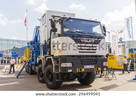 MOSCOW-JUNE 24, 2015: Coiled tubing equipment for the oil and gas industry American company National Oilwell Varco at the International Trade Fair MIOGE