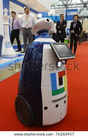 MOSCOW-APRIL 4: A Russian tour guide robot is on display at the international exhibition MosBuild on April 4, 2011 in Moscow, Russia.