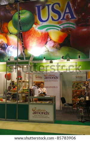 MOSCOW - SEPTEMBER 13: The booth from U.S. companies in California almond production in the International Food & Drinks Exhibition on September 13, 2011 in Moscow, Russia