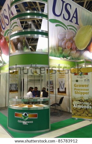 MOSCOW - SEPTEMBER 13: The booth from U.S. companies in California almond production in the International Food & Drinks Exhibition on September 13, 2011 in Moscow, Russia