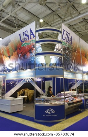 MOSCOW - SEPTEMBER 13: The booth from  Alaska Seafood at the International Food & Drinks Exhibition September 13, 2011 in Moscow, Russia