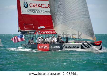 AUCKLAND, NEW ZEALAND - 30 JANUARY - 14 FEBRUARY, 2009: Louis Vuitton Pacific Series sees Americas Cup rival teams match race one another in other teams boats. Shown here is USA Oracle in Team NZs yacht practice.