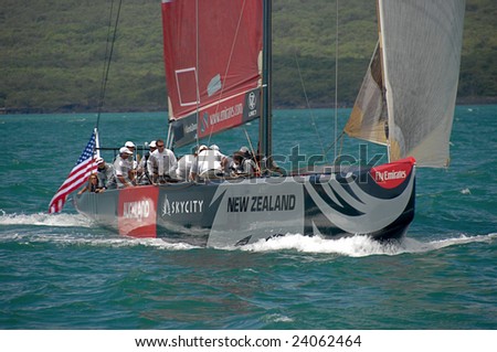 AUCKLAND, NEW ZEALAND - 30 JANUARY - 14 FEBRUARY, 2009: Louis Vuitton Pacific Series sees Americas Cup rival teams match race one another in other teams boats. Shown here is USA Oracle in Team NZ\'s yacht practice.