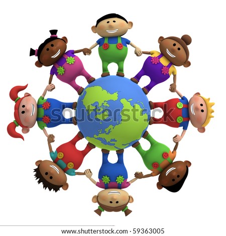 stock photo : multi-ethnic cartoon kids holding hands around a globe - 3d 