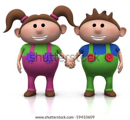 stock photo : cute cartoon boy and girl holding hands - 3d illustration/ 