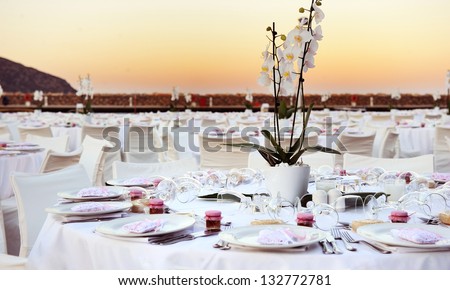 Table set up for a wedding ceremony on beach resort