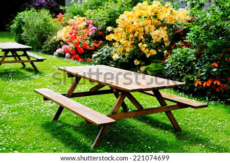 Bbeautiful picnic area with wooden table and blooming rhododendrons