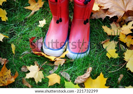 Autumn fall concept with colorful leaves and rain boots outside. Close up of kid n feet walking in red boots.