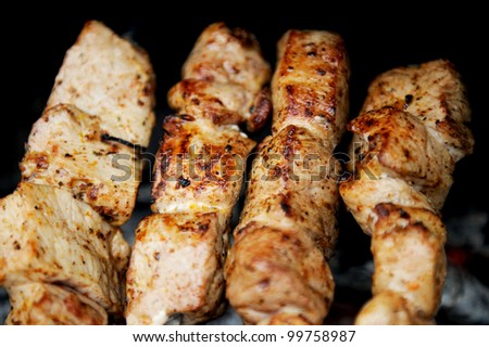 Juicy slices of meat with spices cooking on fire (shish kebab)