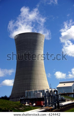 A geo-thermal power station cooling tower in the central North Island of New Zealand.