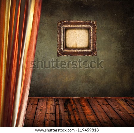 Empty old grunge room with curtain and blank vintage frame