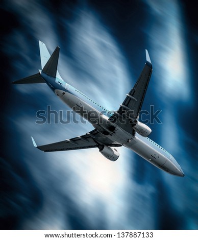 Passenger airplane falling from sky against stormy cloudscape - Crashing plane concept