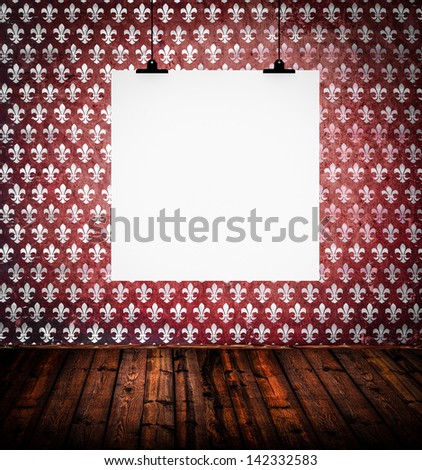 Interior of vintage empty room with white paper hanging on paper clips
