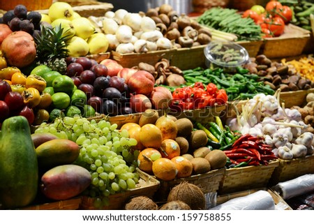 Fruit Market With Various Colorful Fresh Fruits And Vegetables - Market Series