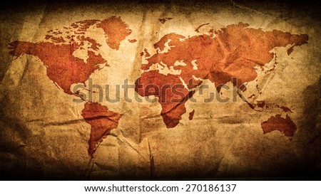 Antique world map in grunge wooden frame