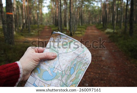 Hiking in a pine forest at sunny evening early spring. Hand holding a map in a place where two forest trails are heading to different directions.