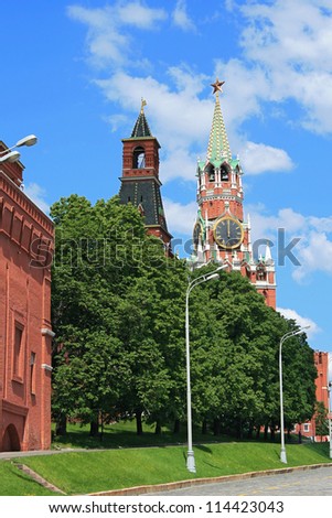 The clock tower of Moscow Kremlin at noon. The Kremlin was built in the 15 century.