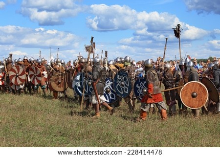 DRAKINO, RUSSIA - AUGUST 23: Free Medieval battle show Voinovo Pole (Warriors\' Field) on August 23, 2014 near Drakino, Russia. This amateur performance attracts people due to show and free accsess.