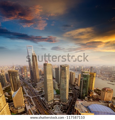 Skyline at sunset at shanghai