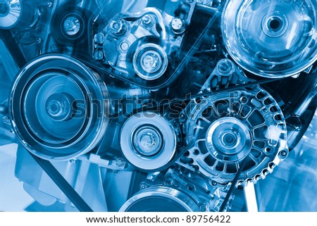 Complex engine of modern car with lots of details