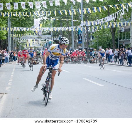 ISTANBUL - MAY 4 : Leading cycler at 50 th International Presidential Cycling Tour May 04, 2014  in Istanbul , Turkey