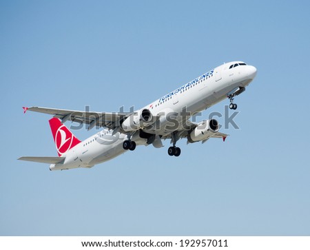 ISTANBUL , TURKEY - MAY 16, 2014: Aircraft of Turkish Airlines, is taking off from Istanbul Ataturk International Airport on May 16, 2014. The aircraft is an Airbas A 312