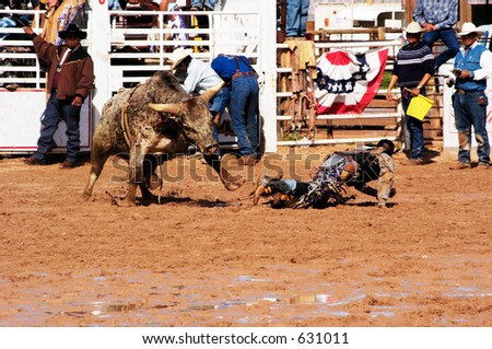 A cowboy is thrown by a brahma bull in the bull riding competition.