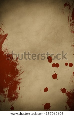 An old, dark piece of parchment paper, splattered and smeared  with red paint to simulate blood.