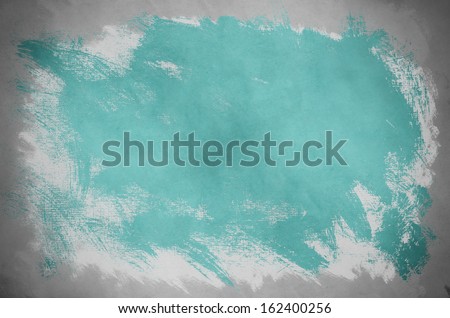 Abstract painting on canvas background with splashy random paintbrush strokes in turquoise layered on white with grey border.  Created from real paint and layered/enhanced digitally.