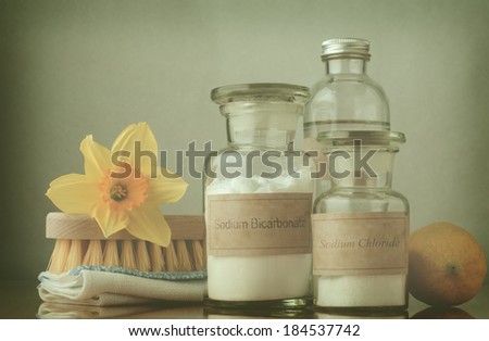 Retro style cross processed image of natural cleaning products, including sodium bicarbonate, salt, white vinegar and lemon, folded cloth, bristle brush and a daffodil to suggest Spring cleaning.