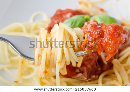 A bowl of spaghetti pasta, tomato sauce and basil leaves with cheese, with close-up of raised fork in foreground, wrapped in spaghetti and dipped in sauce.