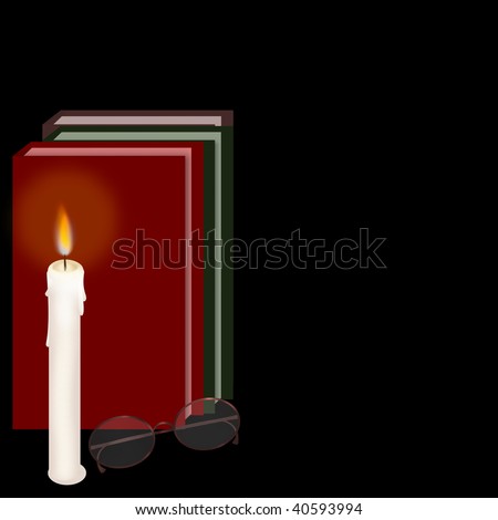 Three books lined up next to a glowing candle and a pair of spectacles, to suggest bedtime reading.  Objects show highlights and shadows.  Black background for copy space.