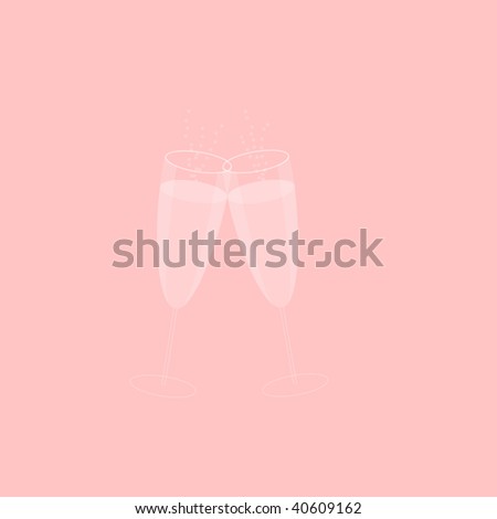 Illustration of two champagne glasses \'clinking\' together in celebration.  Bubbles rise from the glasses.  Pink background.